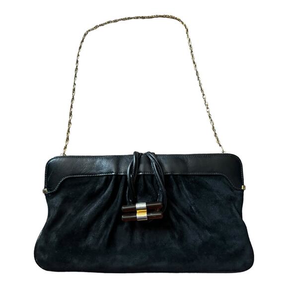 Vintage 50's Bloomingdales Suede & leather clutch with gold chain long handle - Picture 1 of 12